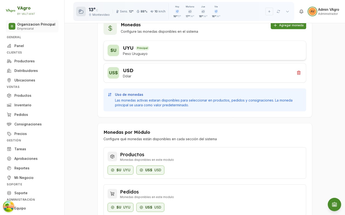Configuración de monedas por organización en VAgro, con la moneda local y dólares